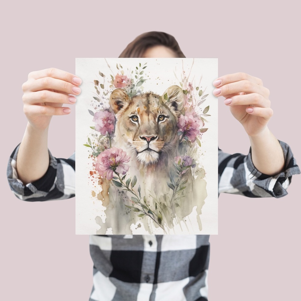 Cute Floral Lioness Watercolor Wall Art Illustration Print Poster Card Unframed - Picture 5 of 7